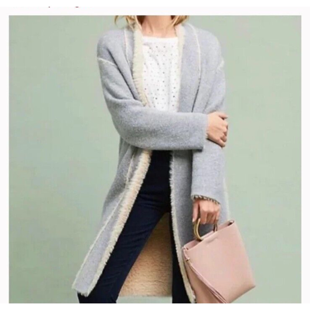 Anthropologie Moth Longline Open Front Cardigan Fur Lined Gray Womens S $200